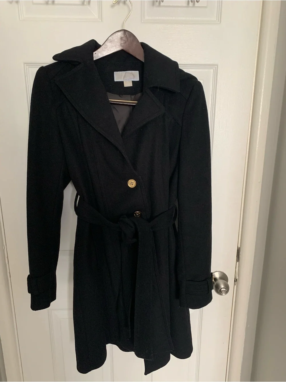 Michael Kors Women’s Black hooded Belted Wool-Blend Coat with gold buttons